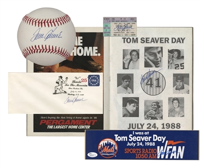 Lot of (5) Tom Seaver Signed Program, Signed Ticket, Signed Bumper Sticker, Signed Baseball and Signed HOF Game Induction Year Ticket Stub (JSA)